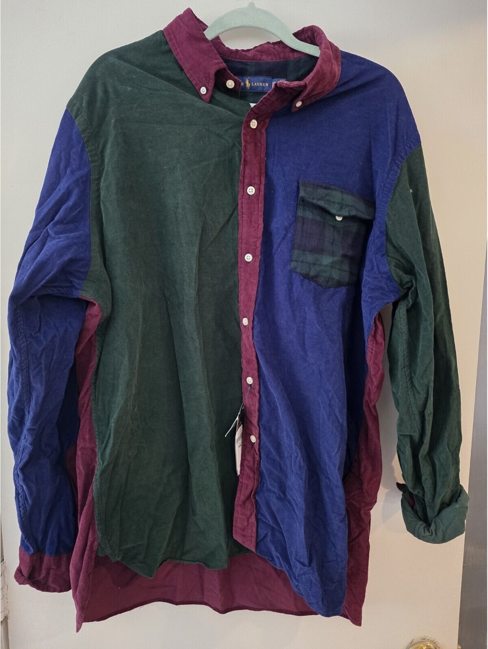Ralph Lauren Shirt Mens Blue, Green, Cranberry Corduroy Tartan Patchwork 2XLT